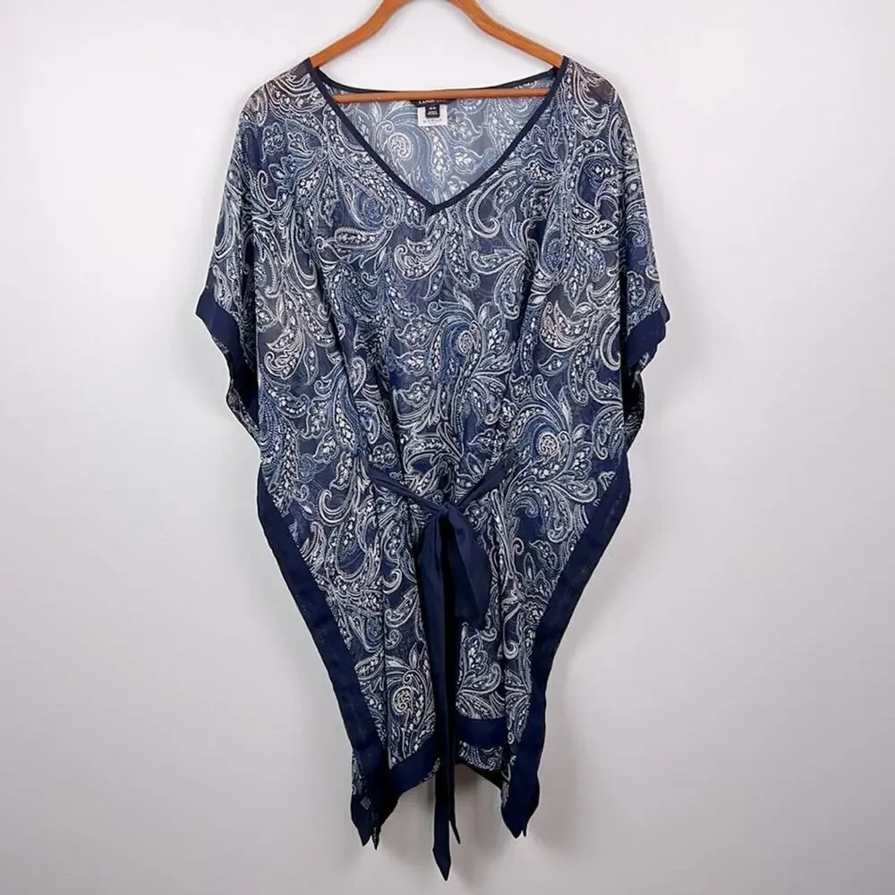 Lands End sheer floral paisley tie waist swim cover/ layering piece
